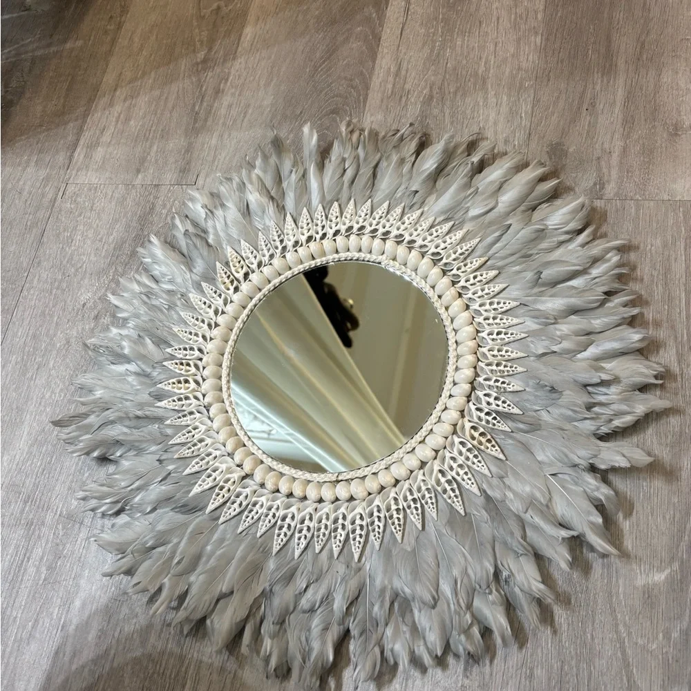 Elegant Gray Feathered Wall Mirror